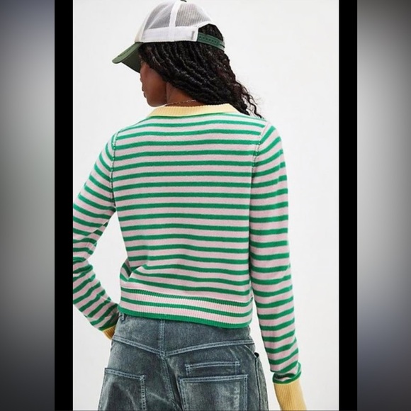 New! Free People nocturnal stripe cardi Green Yellow pink Cardigan 2333 - Picture 3 of 11